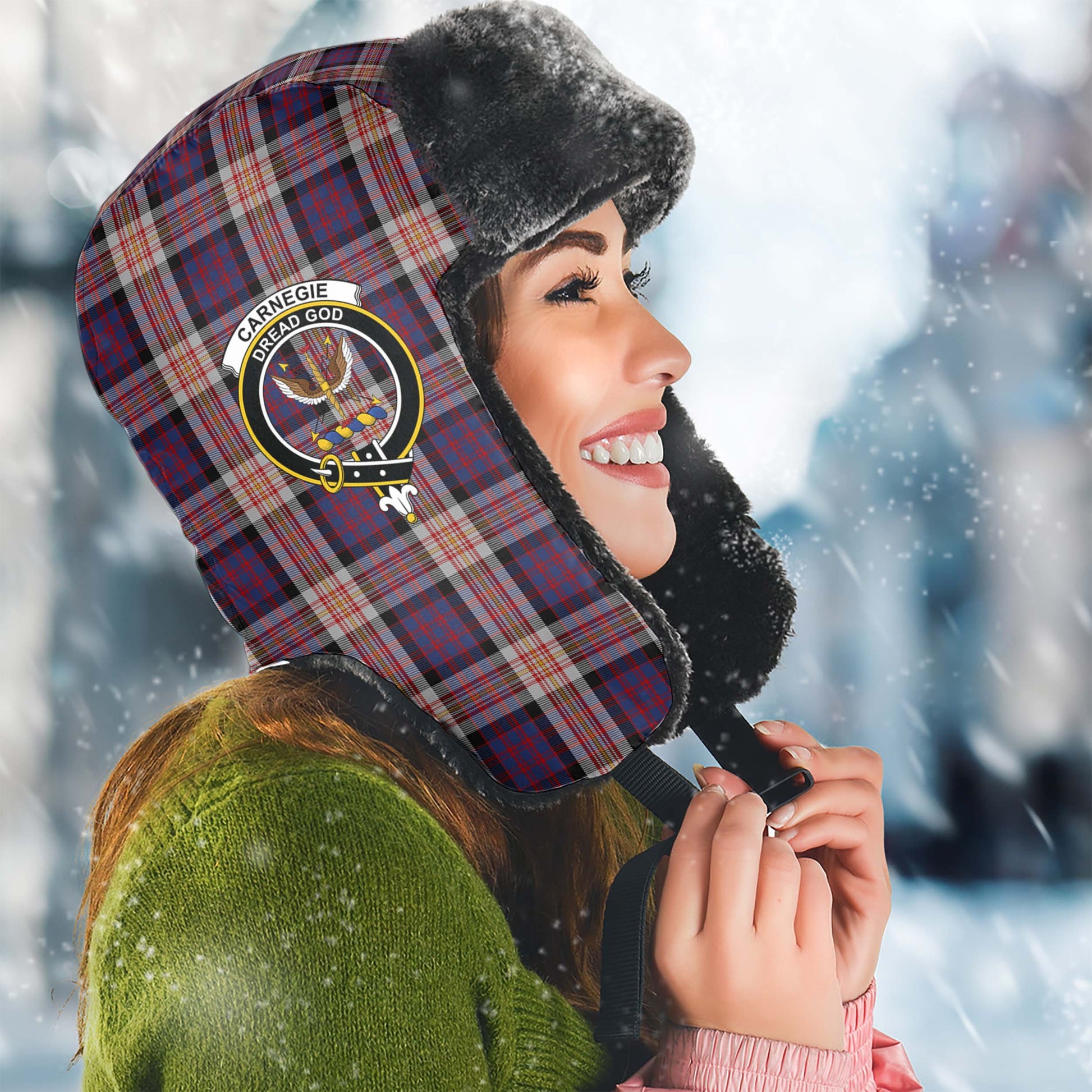 Carnegie Tartan Winter Trapper Hat with Family Crest Winter Trapper Hat Universal Fit Circumference 22.8in (58cm) - Tartan Vibes Clothing