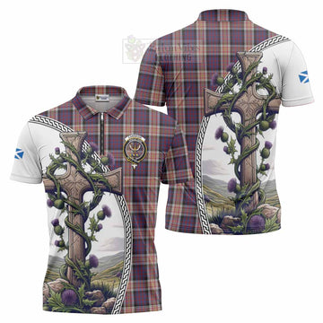 Carnegie Tartan Zipper Polo Shirt with Family Crest and St. Andrew's Cross Accented by Thistle Vines Unisex - Tartan Vibes Clothing