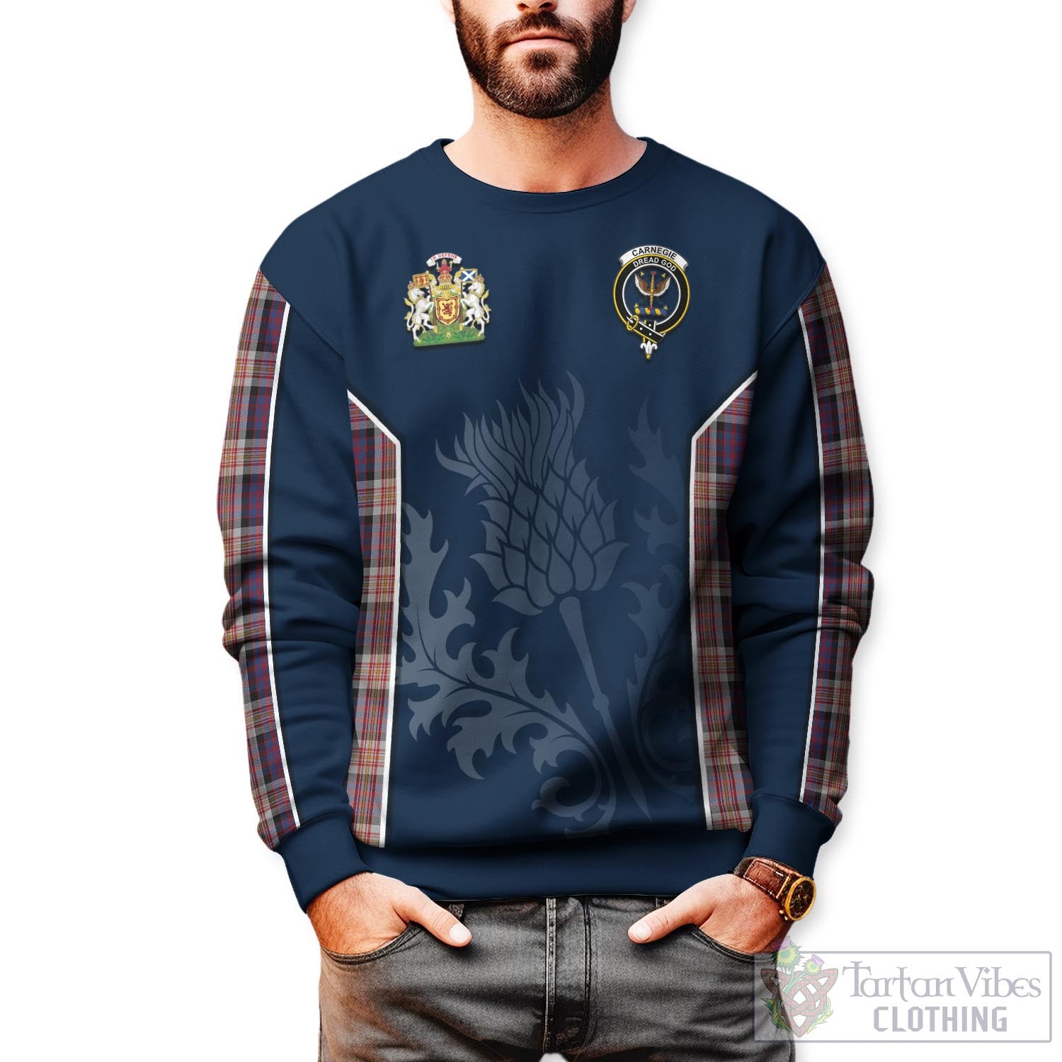 Carnegie Tartan Sweatshirt with Family Crest and Scottish Thistle Vibes Sport Style Unisex - Tartan Vibes Clothing
