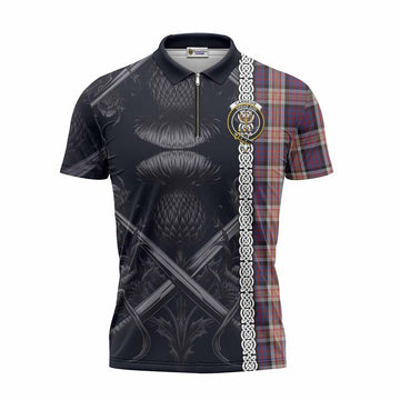 Carnegie Tartan Zipper Polo Shirt with Family Crest Cross Sword Thistle Celtic Vibes Unisex - Tartan Vibes Clothing