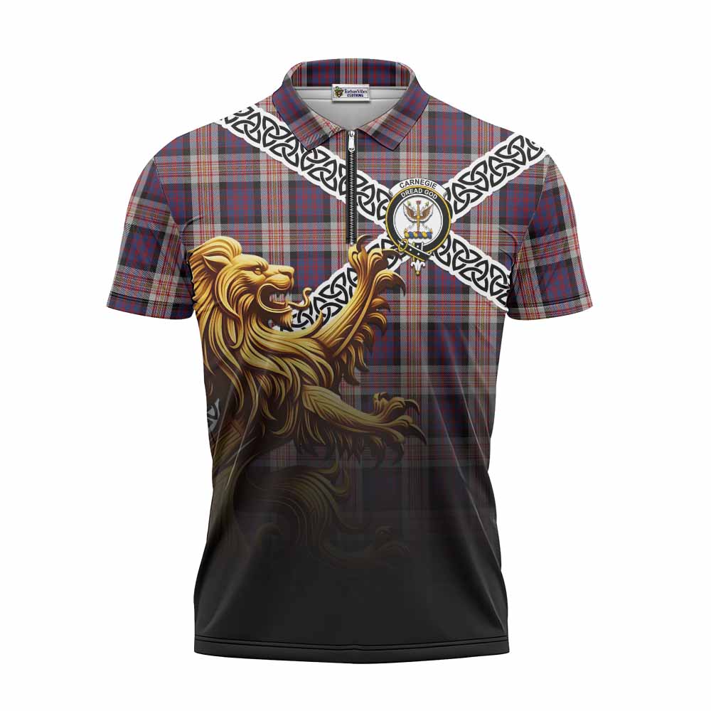 Carnegie Crest Tartan Zipper Polo Shirt with Golden Lion Emblem Celtic Style Unisex - Tartan Vibes Clothing