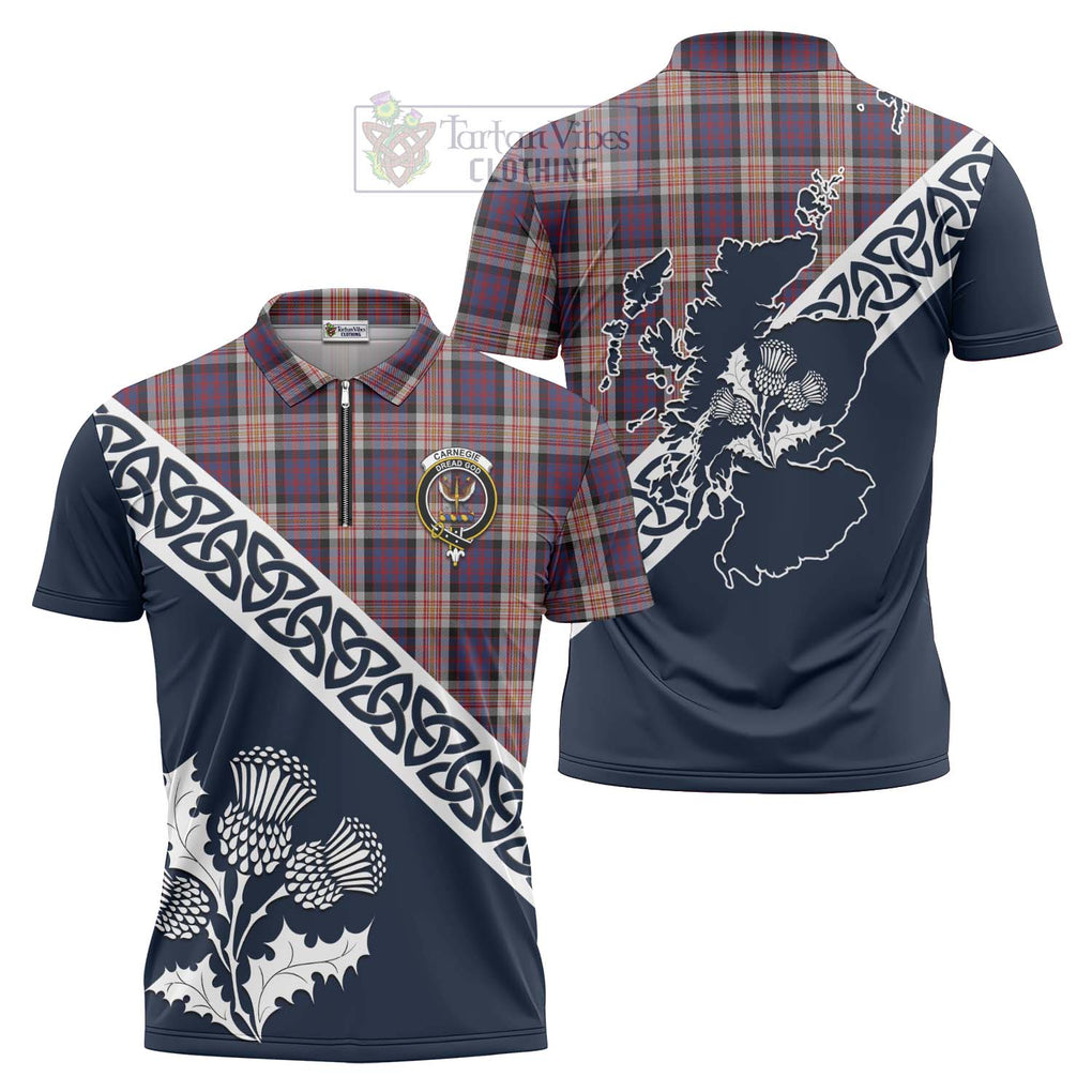 Carnegie Tartan Zipper Polo Shirt Featuring Thistle and Scotland Map Unisex - Tartanvibesclothing Store