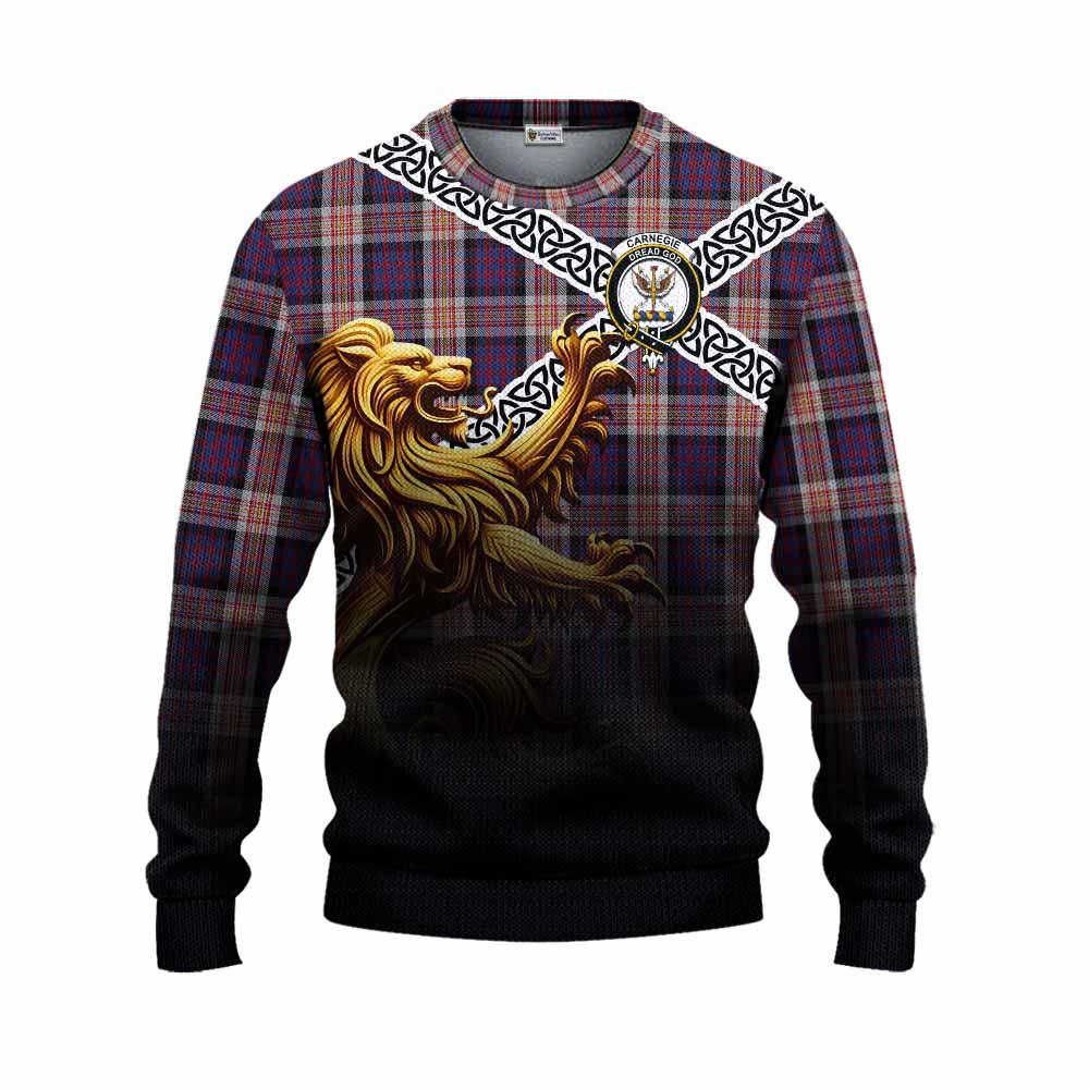 Carnegie Crest Tartan Knitted Sweater with Golden Lion Emblem Celtic Style Unisex - Tartan Vibes Clothing