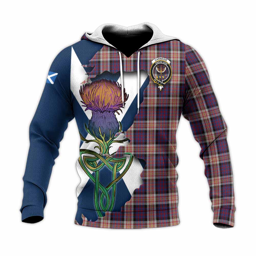 Tartan Vibes Clothing Carnegie Tartan Family Crest Knitted Hoodie Scottish Thistle Celtic Inspired