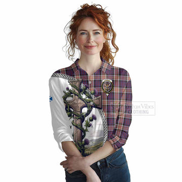Carnegie Tartan Women's Casual Shirt with Family Crest and St. Andrew's Cross Accented by Thistle Vines Female - Tartan Vibes Clothing