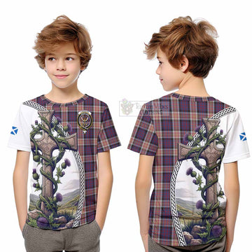 Carnegie Tartan Kid T-Shirt with Family Crest and St. Andrew's Cross Accented by Thistle Vines Youth XL Size14 - Tartan Vibes Clothing