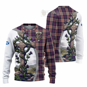 Carnegie Tartan Knitted Sweater with Family Crest and St. Andrew's Cross Accented by Thistle Vines Unisex - Tartan Vibes Clothing
