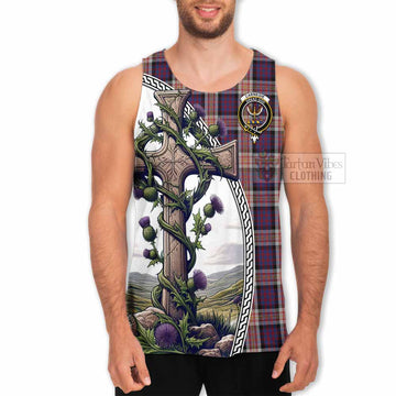 Carnegie Tartan Men's Tank Top with Family Crest and St. Andrew's Cross Accented by Thistle Vines - Tartan Vibes Clothing