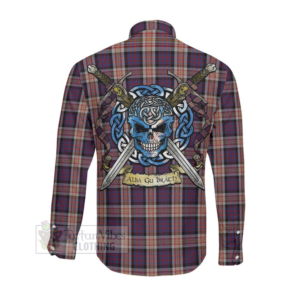 Carnegie Tartan Long Sleeve Button Shirt with Family Crest Celtic Skull Style Men's Shirt - Tartan Vibes Clothing