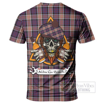 Carnegie Tartan T-Shirt with Family Crest and Bearded Skull Holding Bottles of Whiskey - Tartan Vibes Clothing