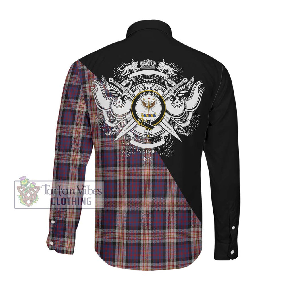 Carnegie Tartan Long Sleeve Button Shirt with Family Crest and Military Logo Style Men's Shirt - Tartanvibesclothing Shop