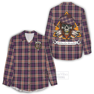 Carnegie Tartan Women's Casual Shirt with Family Crest and Bearded Skull Holding Bottles of Whiskey - Tartan Vibes Clothing