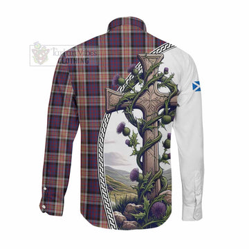 Carnegie Tartan Long Sleeve Button Shirt with Family Crest and St. Andrew's Cross Accented by Thistle Vines Men's Shirt - Tartan Vibes Clothing