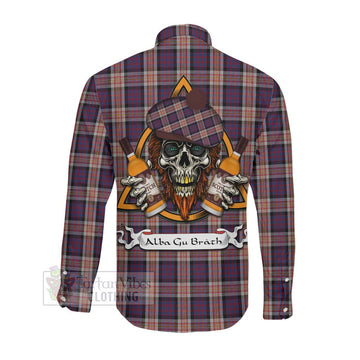 Carnegie Tartan Long Sleeve Button Shirt with Family Crest and Bearded Skull Holding Bottles of Whiskey Men's Shirt - Tartan Vibes Clothing