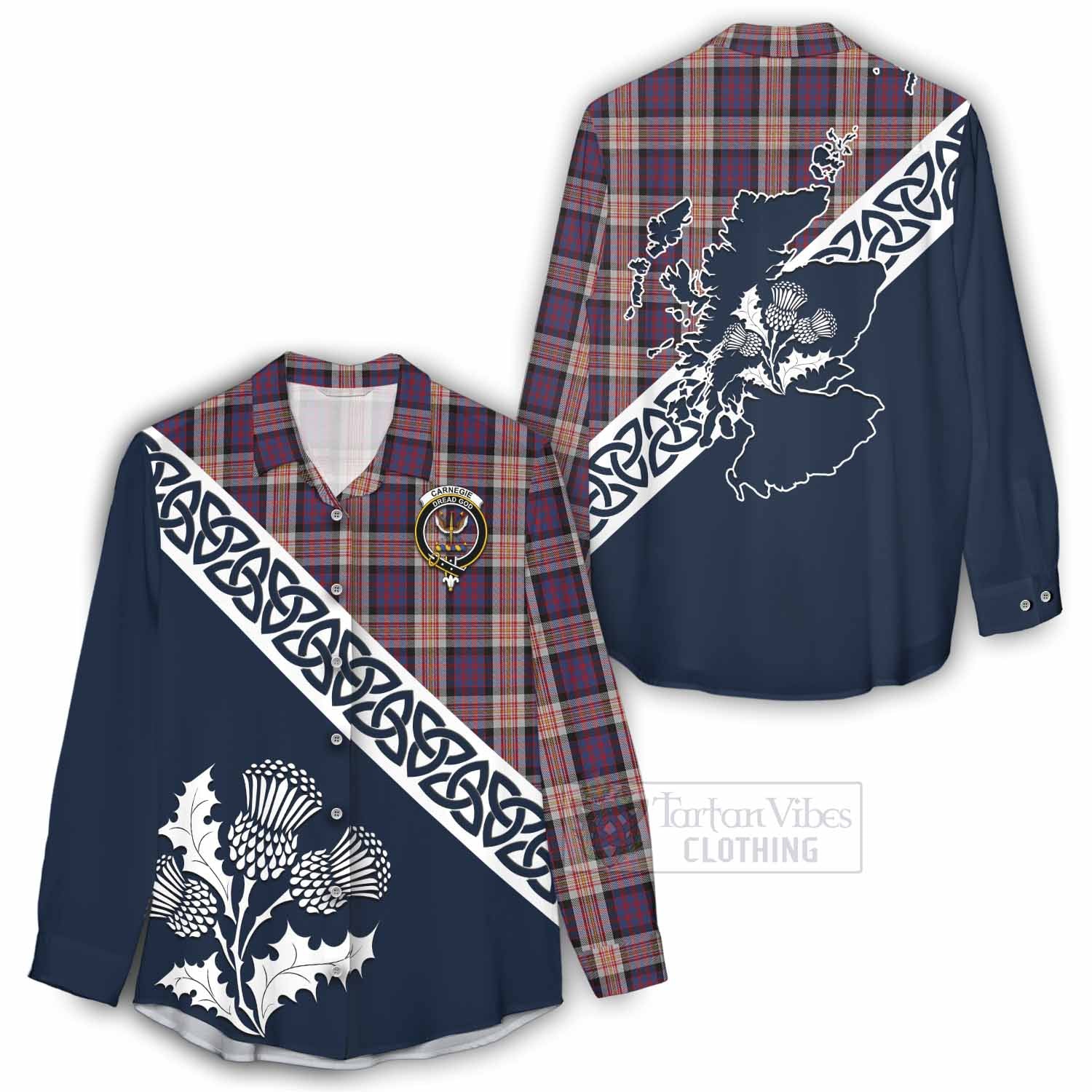 Carnegie Tartan Women's Casual Shirt Featuring Thistle and Scotland Map - Tartan Vibes Clothing