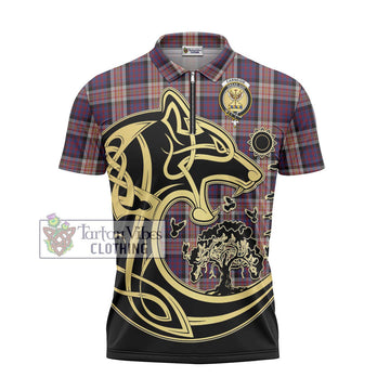 Carnegie Tartan Zipper Polo Shirt with Family Crest Celtic Wolf Style - Tartan Vibes Clothing