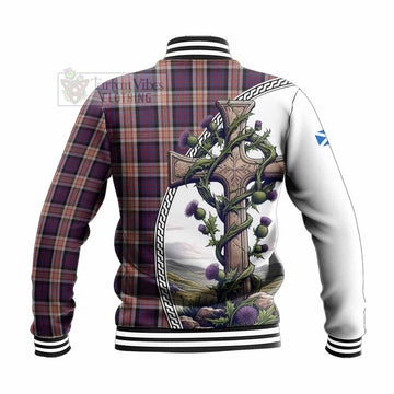 Carnegie Tartan Baseball Jacket with Family Crest and St. Andrew's Cross Accented by Thistle Vines - Tartan Vibes Clothing