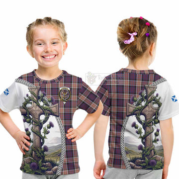 Carnegie Tartan Kid T-Shirt with Family Crest and St. Andrew's Cross Accented by Thistle Vines - Tartan Vibes Clothing