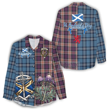 Carnegie Tartan Women's Casual Shirt Happy St. Andrew's Day Half Tartan Style - Tartan Vibes Clothing