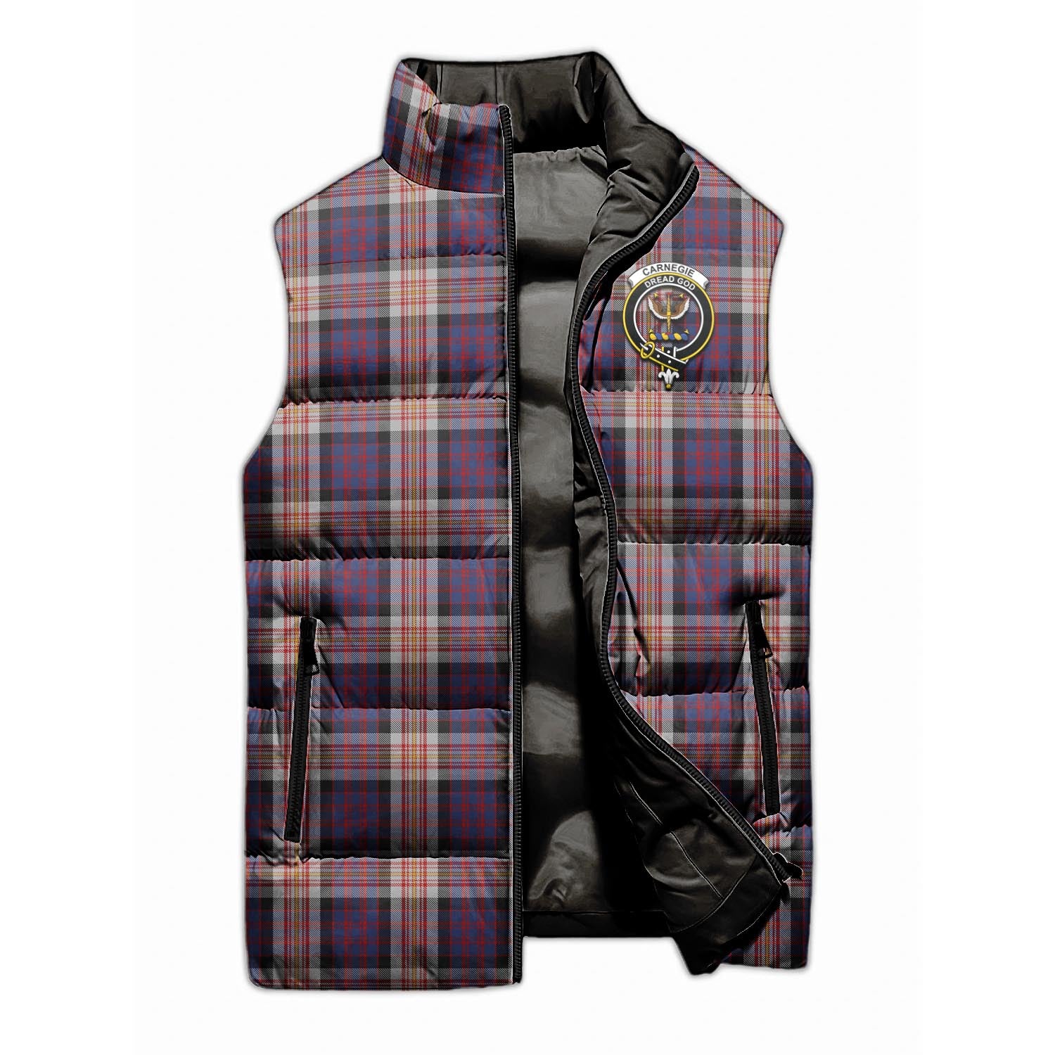 Carnegie Tartan Sleeveless Puffer Jacket with Family Crest - Tartan Vibes Clothing