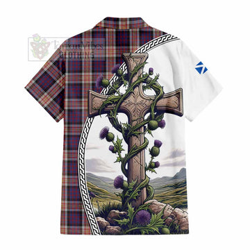 Carnegie Tartan Hawaiian Shirt with Family Crest and St. Andrew's Cross Accented by Thistle Vines - Tartan Vibes Clothing