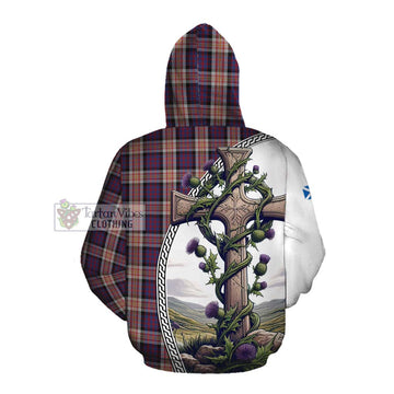 Carnegie Tartan Cotton Hoodie with Family Crest and St. Andrew's Cross Accented by Thistle Vines Pullover Hoodie - Tartan Vibes Clothing