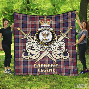 Carnegie Tartan Quilt with Clan Crest and the Golden Sword of Courageous Legacy - Tartan Vibes Clothing