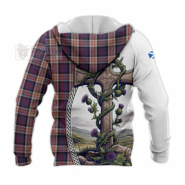 Carnegie Tartan Knitted Hoodie with Family Crest and St. Andrew's Cross Accented by Thistle Vines - Tartan Vibes Clothing