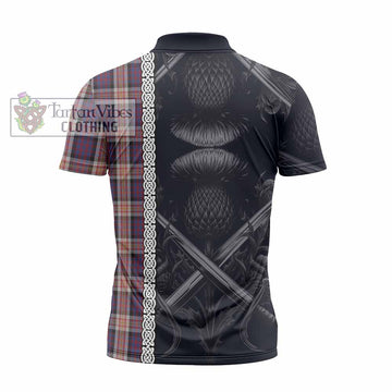 Carnegie Tartan Zipper Polo Shirt with Family Crest Cross Sword Thistle Celtic Vibes - Tartan Vibes Clothing