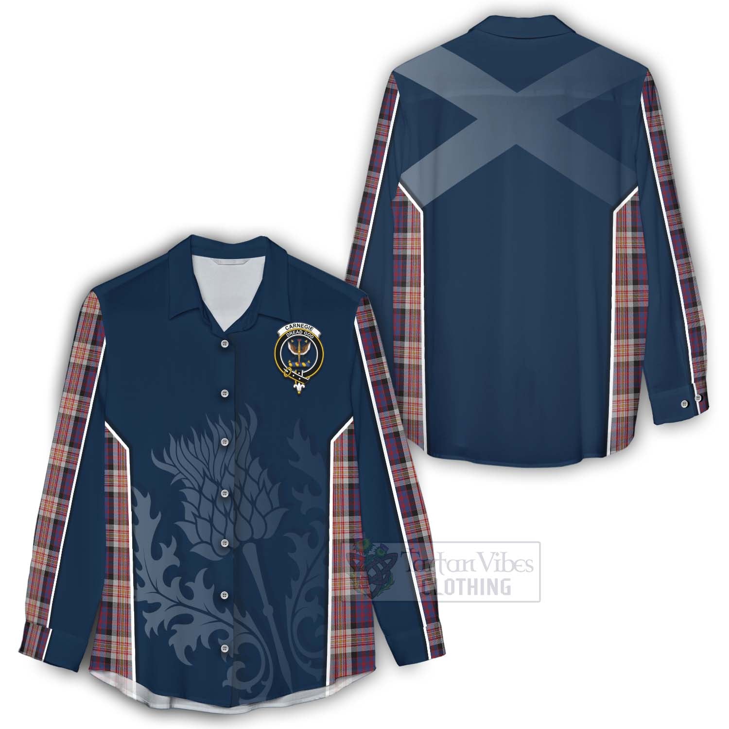 Tartan Vibes Clothing Carnegie Tartan Women's Casual Shirt with Family Crest and Scottish Thistle Vibes Sport Style