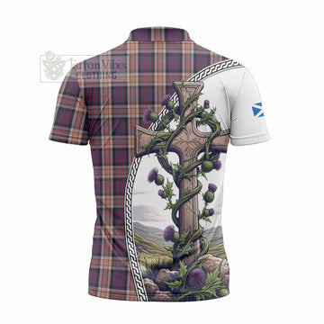 Carnegie Tartan Zipper Polo Shirt with Family Crest and St. Andrew's Cross Accented by Thistle Vines - Tartan Vibes Clothing