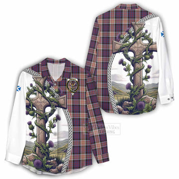 Carnegie Tartan Women's Casual Shirt with Family Crest and St. Andrew's Cross Accented by Thistle Vines - Tartan Vibes Clothing