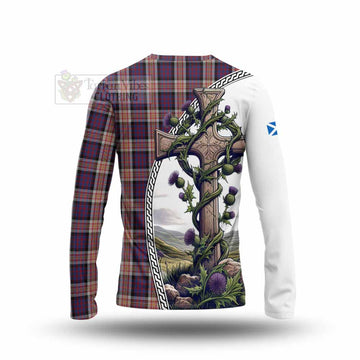 Carnegie Tartan Long Sleeve T-Shirt with Family Crest and St. Andrew's Cross Accented by Thistle Vines - Tartan Vibes Clothing