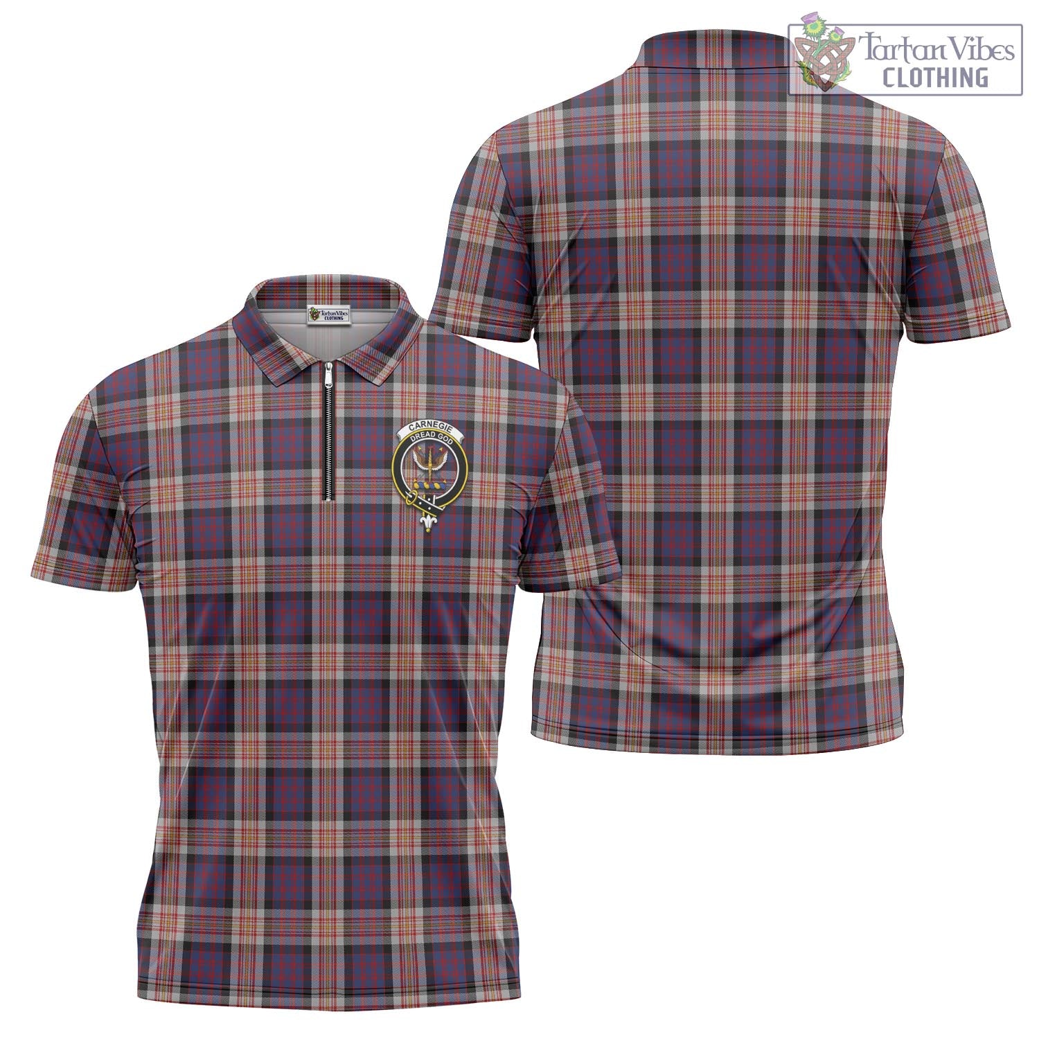 Carnegie Tartan Zipper Polo Shirt with Family Crest - Tartan Vibes Clothing