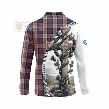 Carnegie Tartan Long Sleeve Polo Shirt with Family Crest and St. Andrew's Cross Accented by Thistle Vines - Tartan Vibes Clothing