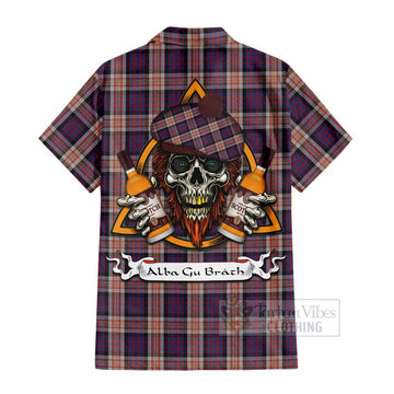 Carnegie Tartan Hawaiian Shirt with Family Crest and Bearded Skull Holding Bottles of Whiskey - Tartan Vibes Clothing