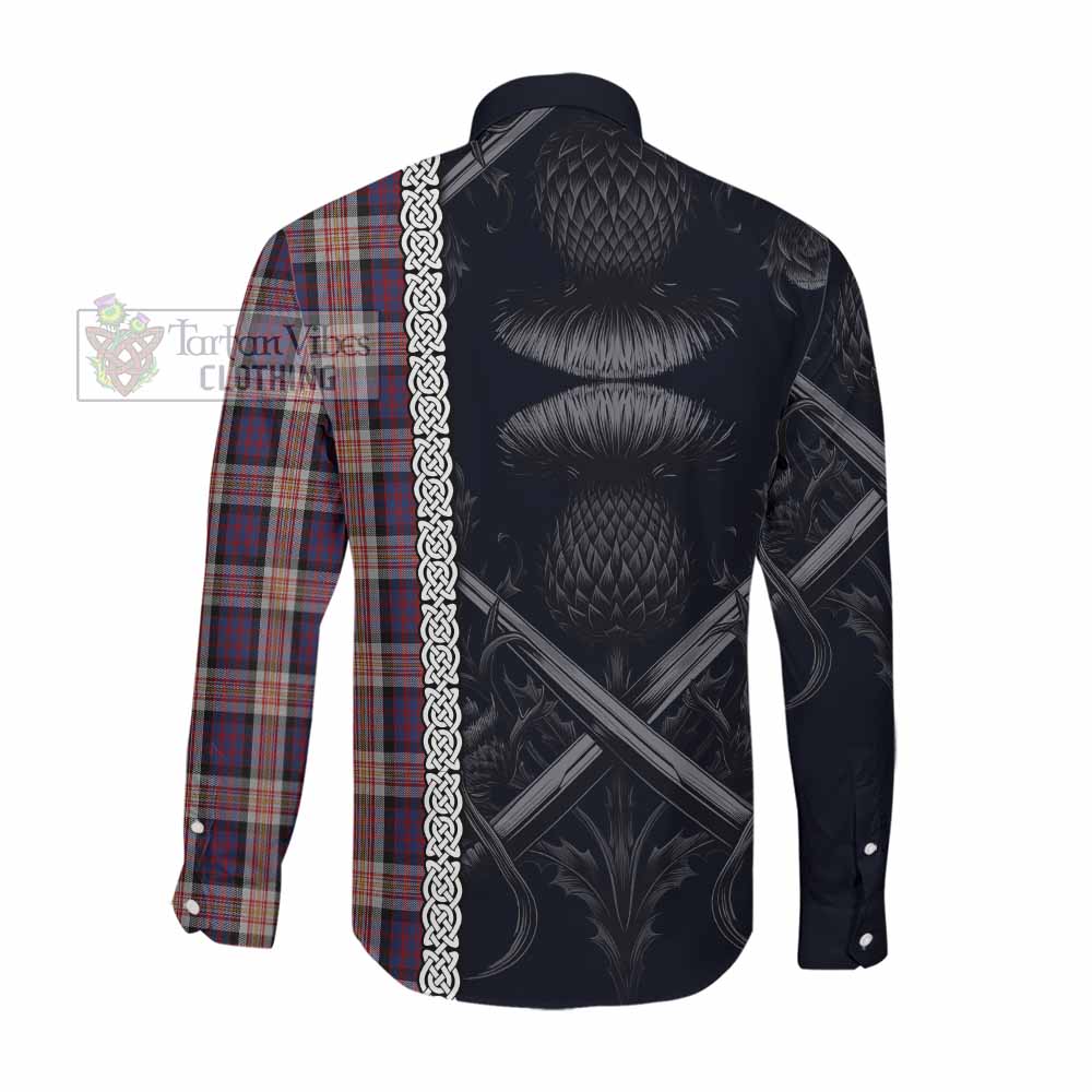 Tartan Vibes Clothing Carnegie Tartan Long Sleeve Button Shirt with Family Crest Cross Sword Thistle Celtic Vibes