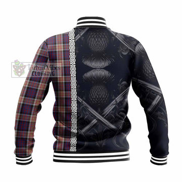 Carnegie Tartan Baseball Jacket with Family Crest Cross Sword Thistle Celtic Vibes - Tartan Vibes Clothing