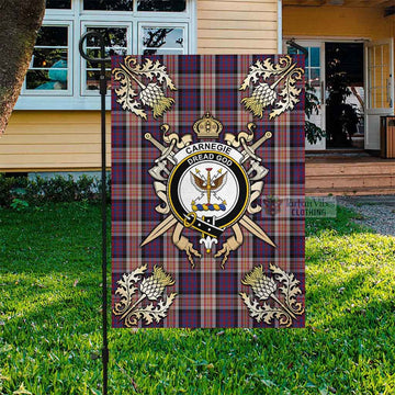 Carnegie Tartan Garden Flag with Family Crest and Golden Thistle Crossed Sword Design