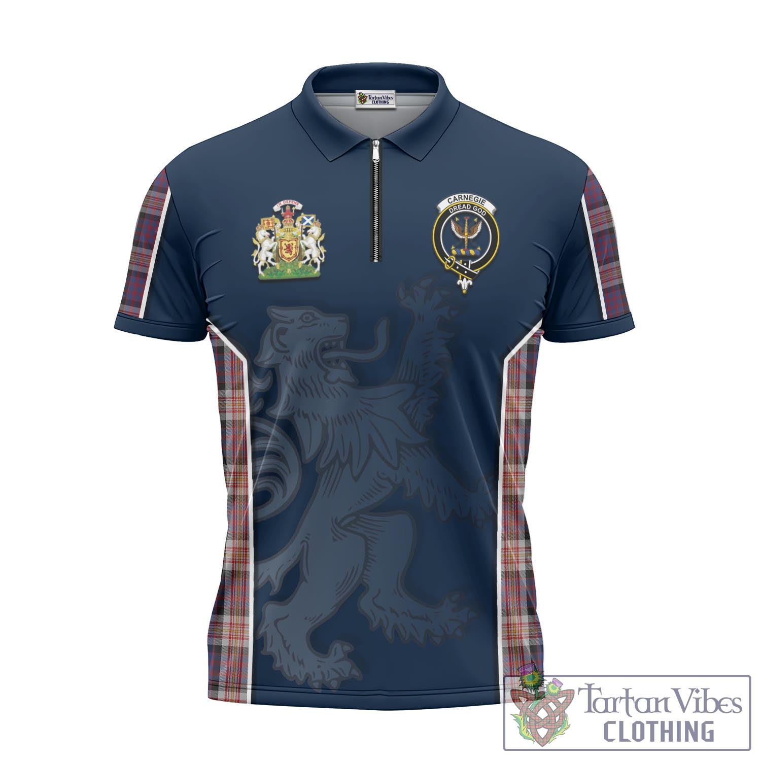 Tartan Vibes Clothing Carnegie Tartan Zipper Polo Shirt with Family Crest and Lion Rampant Vibes Sport Style