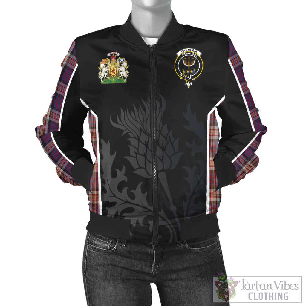 Carnegie Tartan Bomber Jacket with Family Crest and Scottish Thistle Vibes Sport Style - Tartan Vibes Clothing