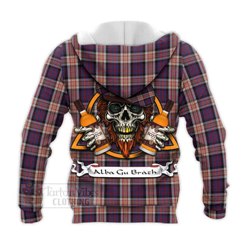 Carnegie Tartan Knitted Hoodie with Family Crest and Bearded Skull Holding Bottles of Whiskey - Tartan Vibes Clothing
