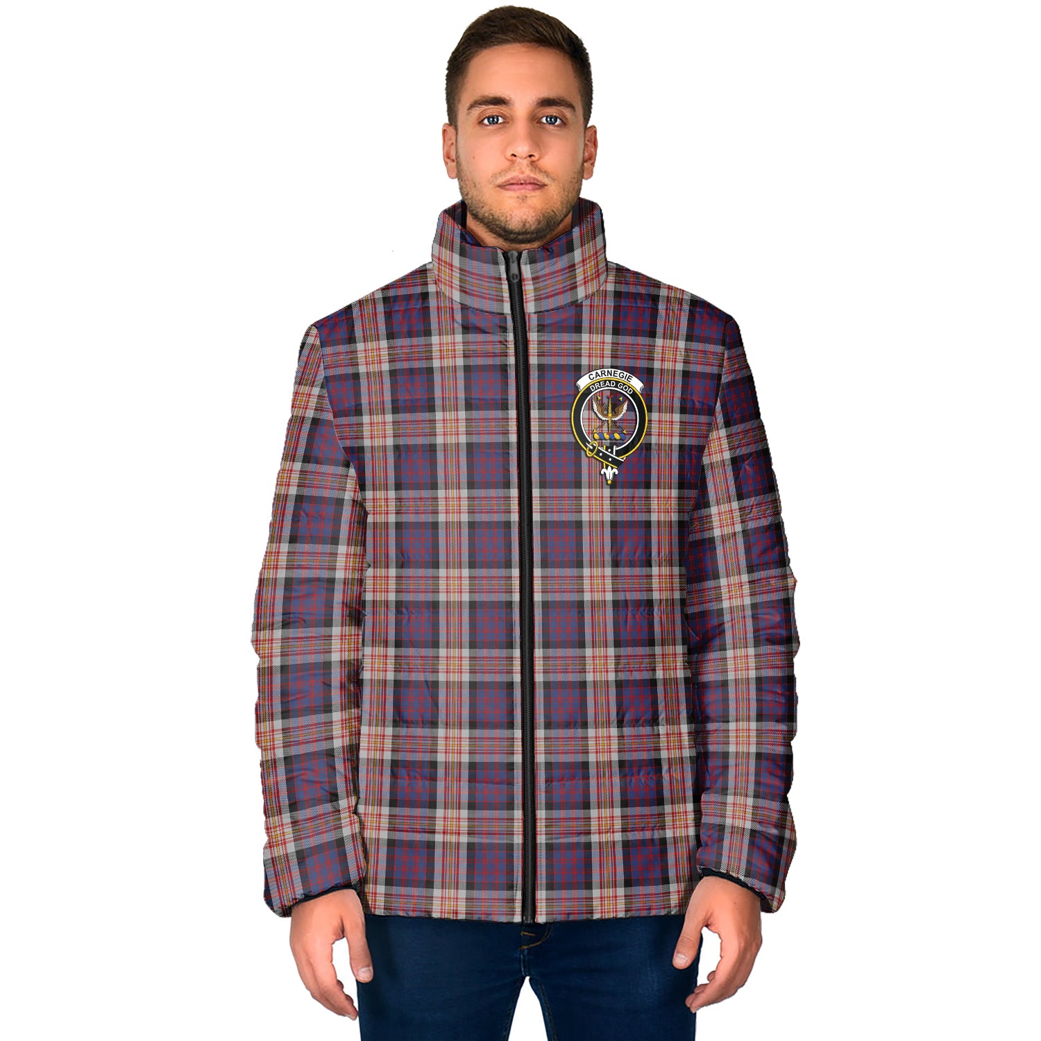 Carnegie Tartan Padded Jacket with Family Crest - Tartan Vibes Clothing