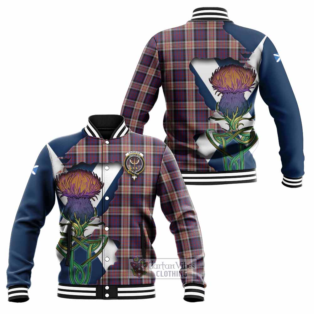 Tartan Vibes Clothing Carnegie Tartan Family Crest Baseball Jacket Scottish Thistle Celtic Inspired