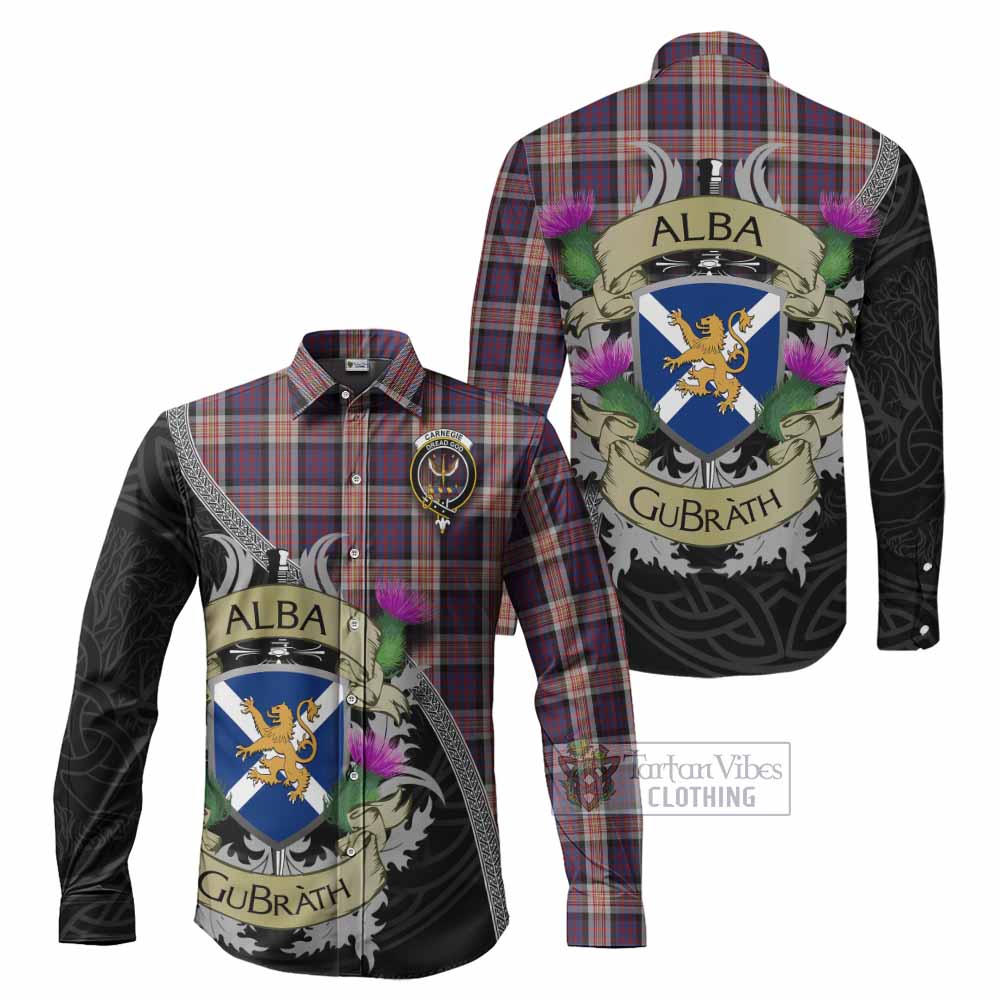 Carnegie Tartan Family Crest Long Sleeve Button Shirt Lion Rampant Royal Thistle Shield Celtic Inspired - Tartan Vibes Clothing