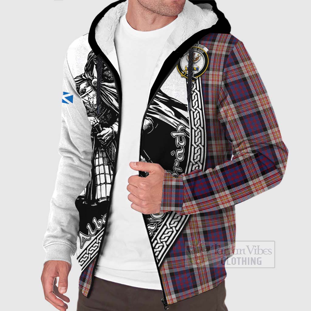 Carnegie Tartan Clan Crest Sherpa Hoodie with Highlander Warrior Celtic Style Unisex - Tartan Vibes Clothing