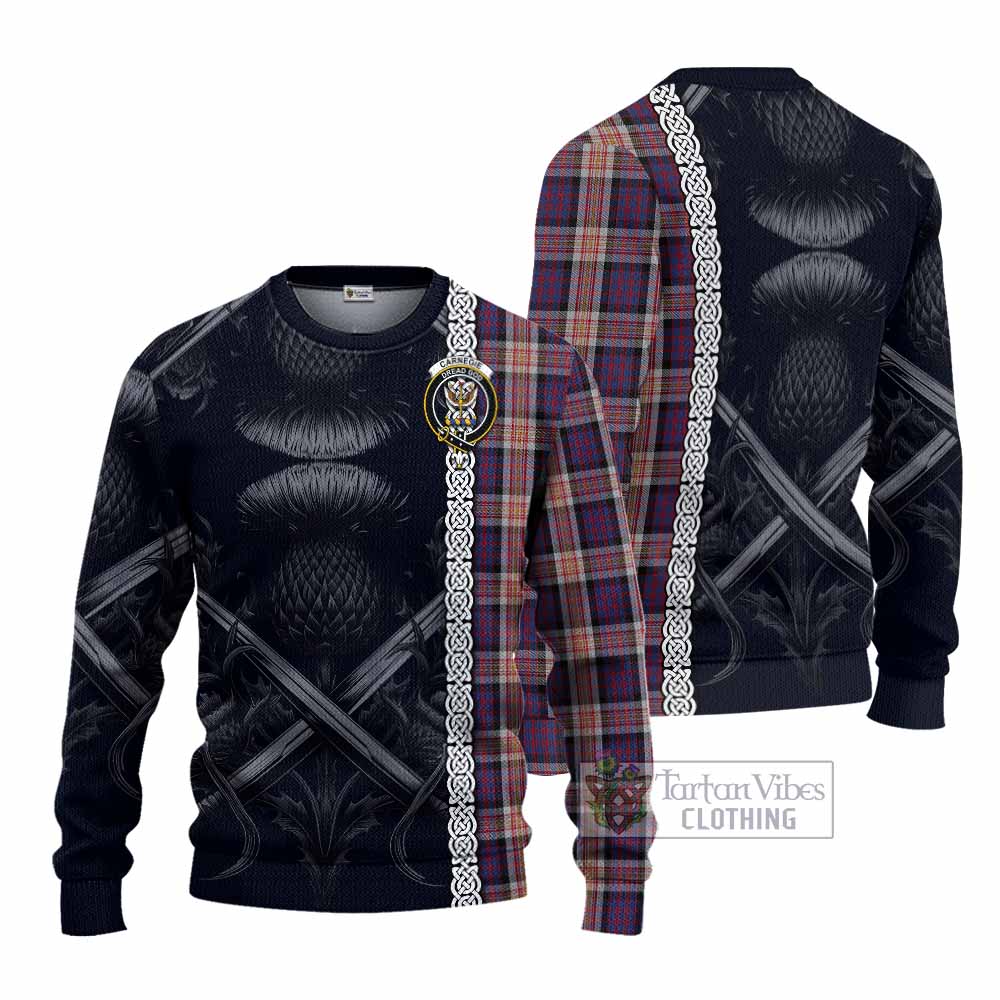Carnegie Tartan Knitted Sweater with Family Crest Cross Sword Thistle Celtic Vibes - Tartan Vibes Clothing
