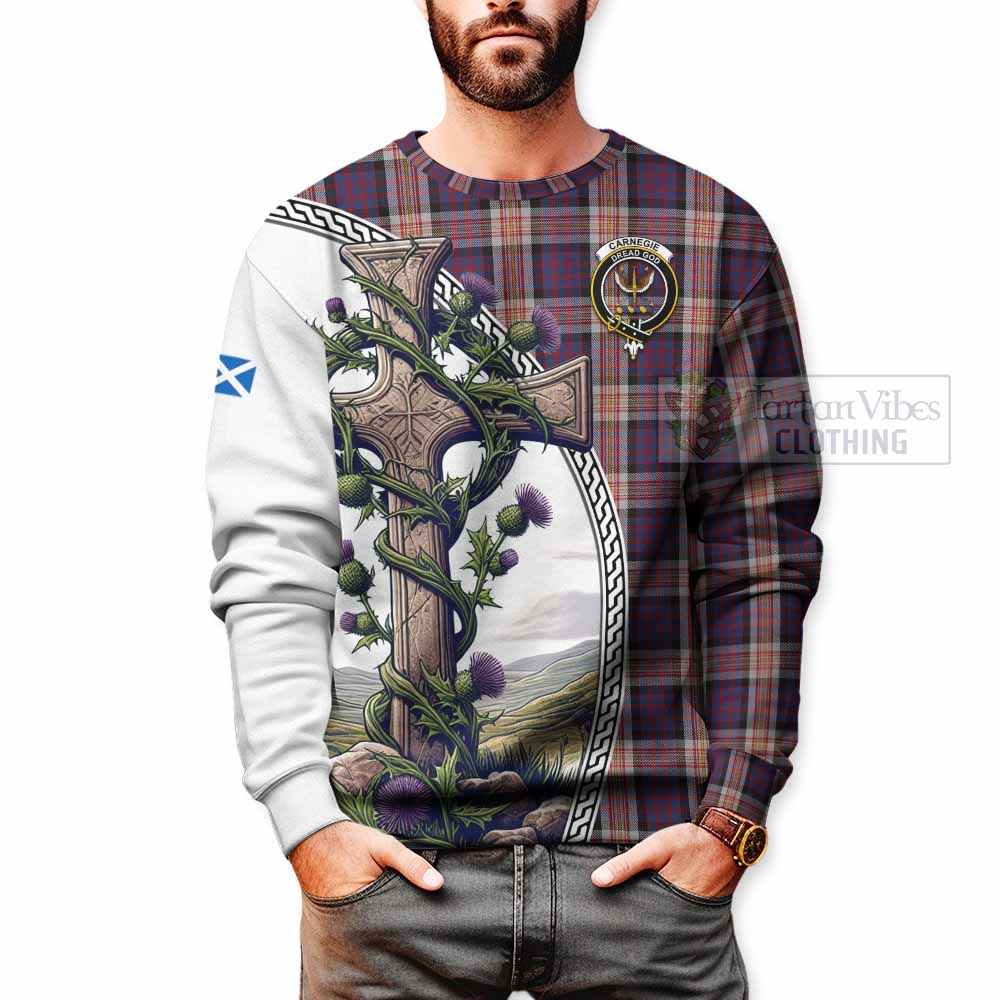 Carnegie Tartan Sweatshirt with Family Crest and St. Andrew's Cross Accented by Thistle Vines - Tartan Vibes Clothing