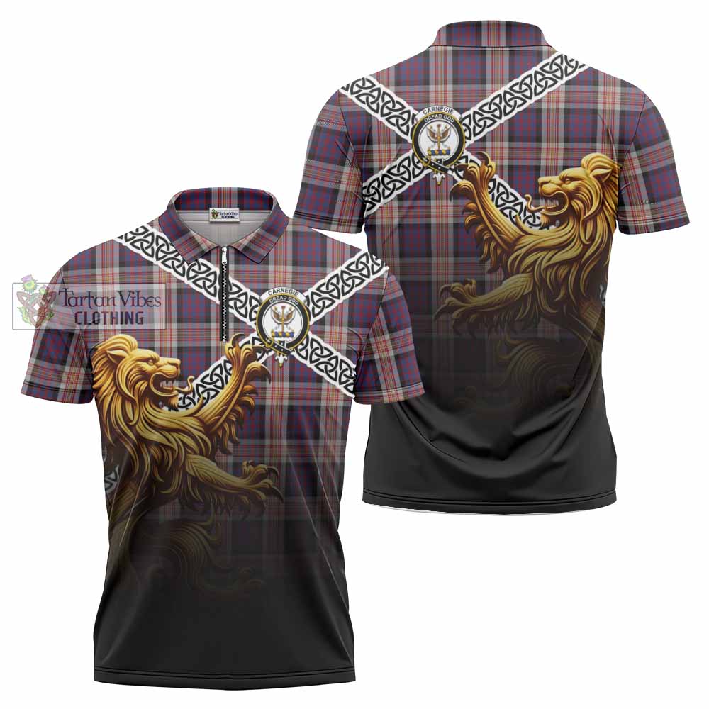Carnegie Crest Tartan Zipper Polo Shirt with Golden Lion Emblem Celtic Style - Tartan Vibes Clothing