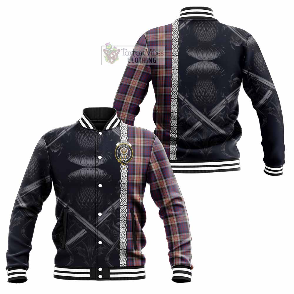 Carnegie Tartan Baseball Jacket with Family Crest Cross Sword Thistle Celtic Vibes - Tartan Vibes Clothing